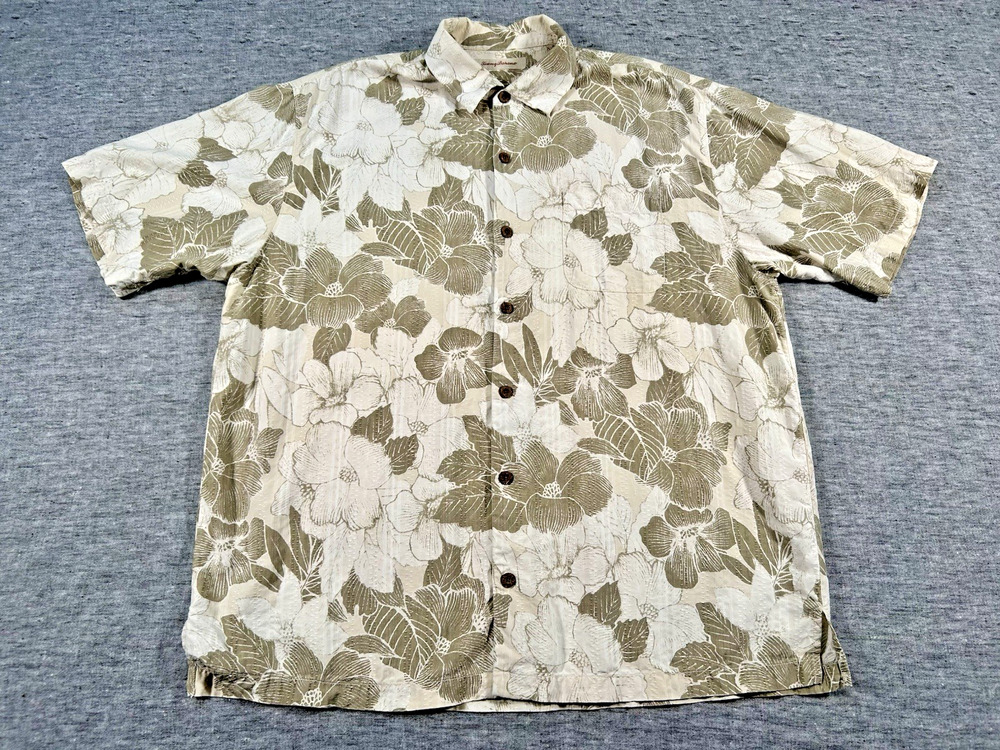 Tommy Bahama Silk Shirt Mens Extra Large Beige Floral Short Sleeve Button-Up